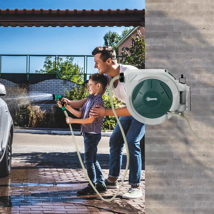 Retractable Wall Mounted Hose Reel 20+2m with Lock, Auto Rewind & 7-in-1 Nozzle, 180° Swivel - Light Grey