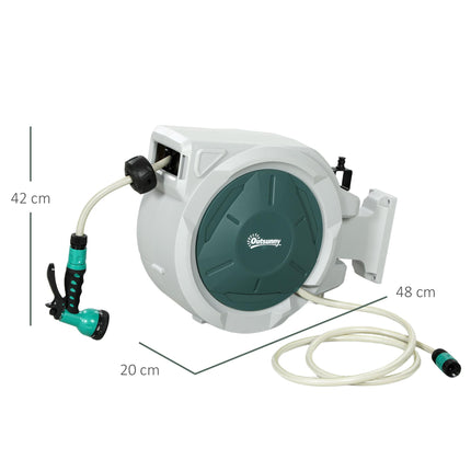 Retractable Wall Mounted Hose Reel 20+2m with Lock, Auto Rewind & 7-in-1 Nozzle, 180° Swivel - Light Grey
