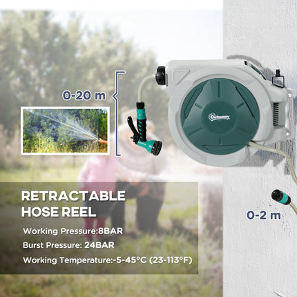 Retractable Wall Mounted Hose Reel 20+2m with Lock, Auto Rewind & 7-in-1 Nozzle, 180° Swivel - Light Grey