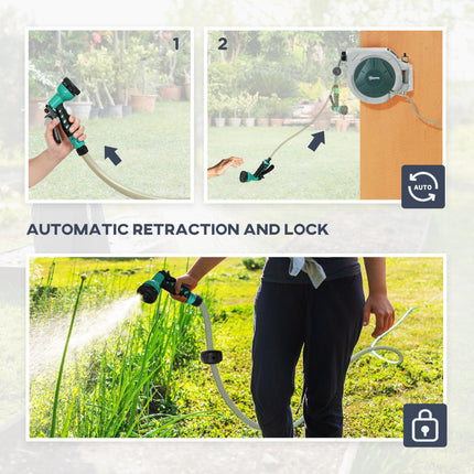 Retractable Wall Mounted Hose Reel 20+2m with Lock, Auto Rewind & 7-in-1 Nozzle, 180° Swivel - Light Grey