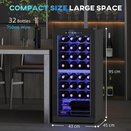 32 Bottle Dual Zone Wine Fridge 5-18℃ with UV Protection - Black