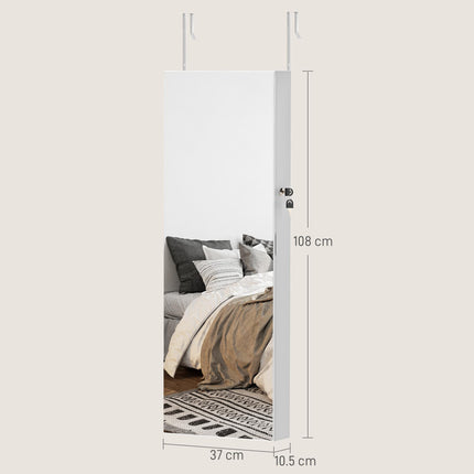 Lockable 108 x 37cm Jewellery Cabinet with LED Lights and Mirror - White/Black