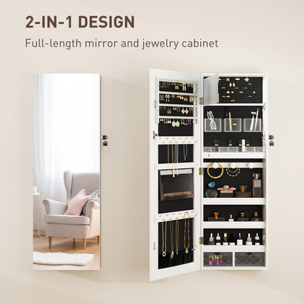 Lockable 108 x 37cm Jewellery Cabinet with LED Lights and Mirror - White/Black
