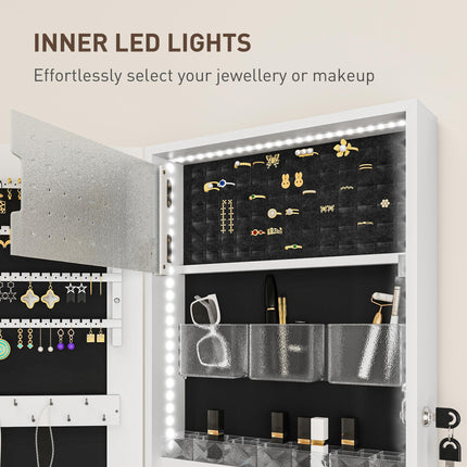 Lockable 108 x 37cm Jewellery Cabinet with LED Lights and Mirror - White/Black
