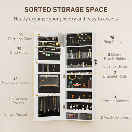Lockable 108 x 37cm Jewellery Cabinet with LED Lights and Mirror - White/Black