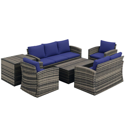 6 Piece Rattan Garden Furniture Set with Storage Tables and Cushions - Navy Blue
