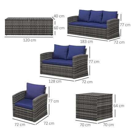 6 Piece Rattan Garden Furniture Set with Storage Tables and Cushions - Navy Blue