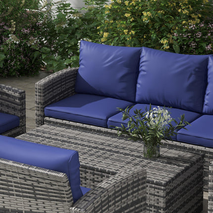 6 Piece Rattan Garden Furniture Set with Storage Tables and Cushions - Navy Blue