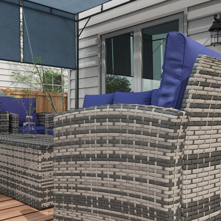 6 Piece Rattan Garden Furniture Set with Storage Tables and Cushions - Navy Blue