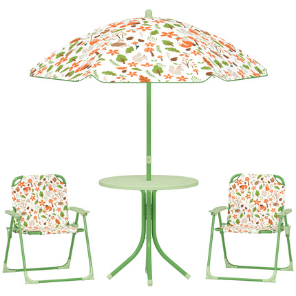 Kids 4-Piece Garden Table and Folding Chair Set with Adjustable Parasol, Fox Pattern - Green