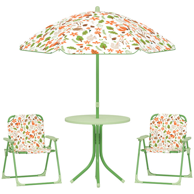 Kids 4-Piece Garden Table and Folding Chair Set with Adjustable Parasol, Fox Pattern - Green