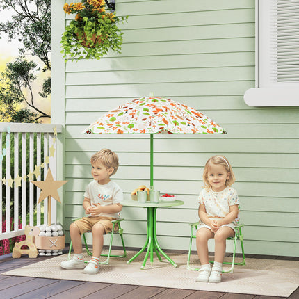 Kids 4-Piece Garden Table and Folding Chair Set with Adjustable Parasol, Fox Pattern - Green