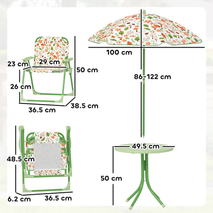 Kids 4-Piece Garden Table and Folding Chair Set with Adjustable Parasol, Fox Pattern - Green
