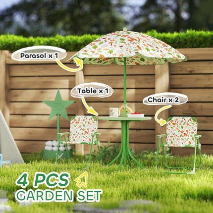 Kids 4-Piece Garden Table and Folding Chair Set with Adjustable Parasol, Fox Pattern - Green