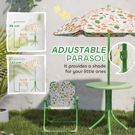 Kids 4-Piece Garden Table and Folding Chair Set with Adjustable Parasol, Fox Pattern - Green