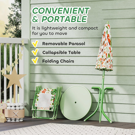 Kids 4-Piece Garden Table and Folding Chair Set with Adjustable Parasol, Fox Pattern - Green