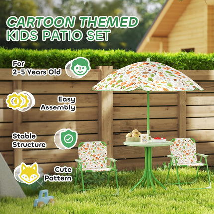 Kids 4-Piece Garden Table and Folding Chair Set with Adjustable Parasol, Fox Pattern - Green