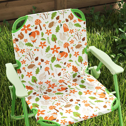 Kids 4-Piece Garden Table and Folding Chair Set with Adjustable Parasol, Fox Pattern - Green
