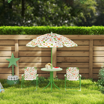 Kids 4-Piece Garden Table and Folding Chair Set with Adjustable Parasol, Fox Pattern - Green