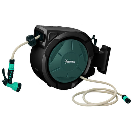 Retractable Hose Reel Wall Mounted, 30+2m Garden Hose Pipe Reel with Lock, Auto Rewind, 7 in 1 Spray Nozzle, Includes Wall Fixings, 180° Swivel, Outdoor Watering, 59 x 23 x 42 cm, Green