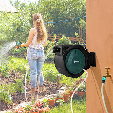 Retractable Hose Reel Wall Mounted, 30+2m Garden Hose Pipe Reel with Lock, Auto Rewind, 7 in 1 Spray Nozzle, Includes Wall Fixings, 180° Swivel, Outdoor Watering, 59 x 23 x 42 cm, Green
