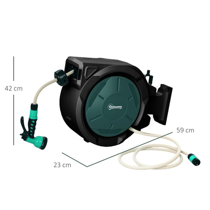 Retractable Hose Reel Wall Mounted, 30+2m Garden Hose Pipe Reel with Lock, Auto Rewind, 7 in 1 Spray Nozzle, Includes Wall Fixings, 180° Swivel, Outdoor Watering, 59 x 23 x 42 cm, Green