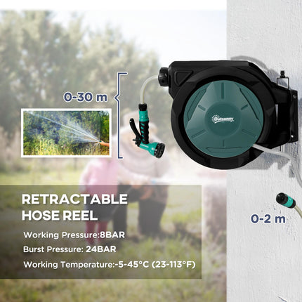 Retractable Hose Reel Wall Mounted, 30+2m Garden Hose Pipe Reel with Lock, Auto Rewind, 7 in 1 Spray Nozzle, Includes Wall Fixings, 180° Swivel, Outdoor Watering, 59 x 23 x 42 cm, Green
