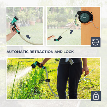 Retractable Hose Reel Wall Mounted, 30+2m Garden Hose Pipe Reel with Lock, Auto Rewind, 7 in 1 Spray Nozzle, Includes Wall Fixings, 180° Swivel, Outdoor Watering, 59 x 23 x 42 cm, Green