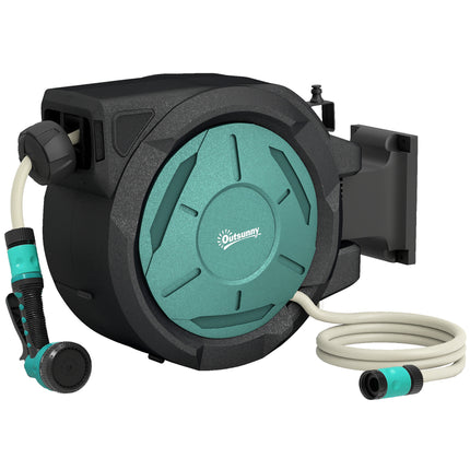 Retractable Hose Reel Wall Mounted, 20+2m Garden Hose Pipe Reel with Lock, Auto Rewind, 7 in 1 Spray Nozzle, Includes Wall Fixings, 180° Swivel, Outdoor Watering, 54 x 20 x 39 cm, Black