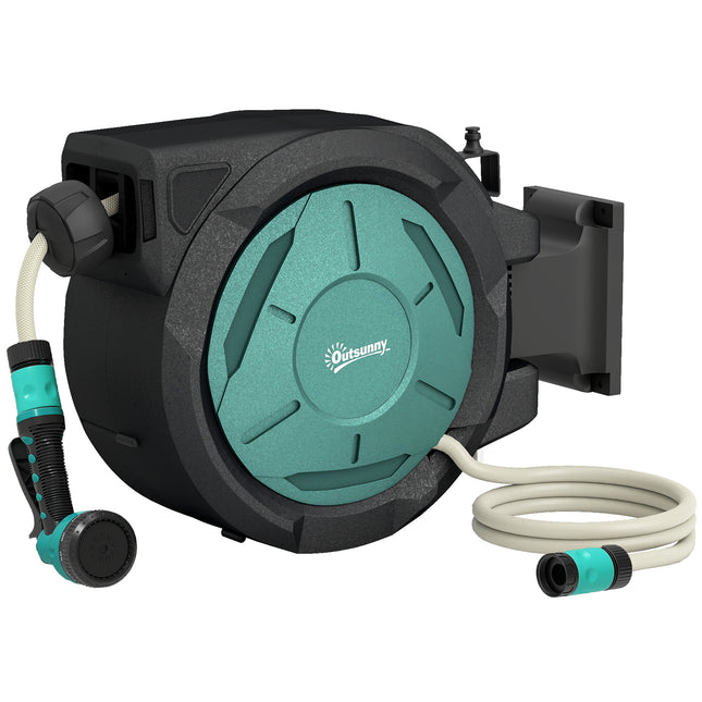 Retractable Hose Reel Wall Mounted, 20+2m Garden Hose Pipe Reel with Lock, Auto Rewind, 7 in 1 Spray Nozzle, Includes Wall Fixings, 180° Swivel, Outdoor Watering, 54 x 20 x 39 cm, Black
