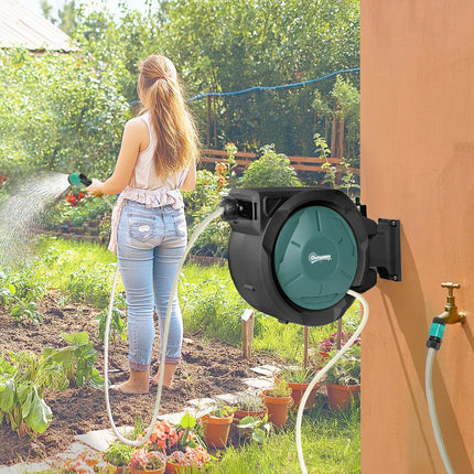 Retractable Hose Reel Wall Mounted, 20+2m Garden Hose Pipe Reel with Lock, Auto Rewind, 7 in 1 Spray Nozzle, Includes Wall Fixings, 180° Swivel, Outdoor Watering, 54 x 20 x 39 cm, Black