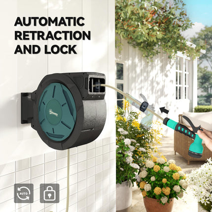 Retractable Hose Reel Wall Mounted, 20+2m Garden Hose Pipe Reel with Lock, Auto Rewind, 7 in 1 Spray Nozzle, Includes Wall Fixings, 180° Swivel, Outdoor Watering, 54 x 20 x 39 cm, Black