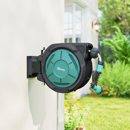 Retractable Hose Reel Wall Mounted, 20+2m Garden Hose Pipe Reel with Lock, Auto Rewind, 7 in 1 Spray Nozzle, Includes Wall Fixings, 180° Swivel, Outdoor Watering, 54 x 20 x 39 cm, Black