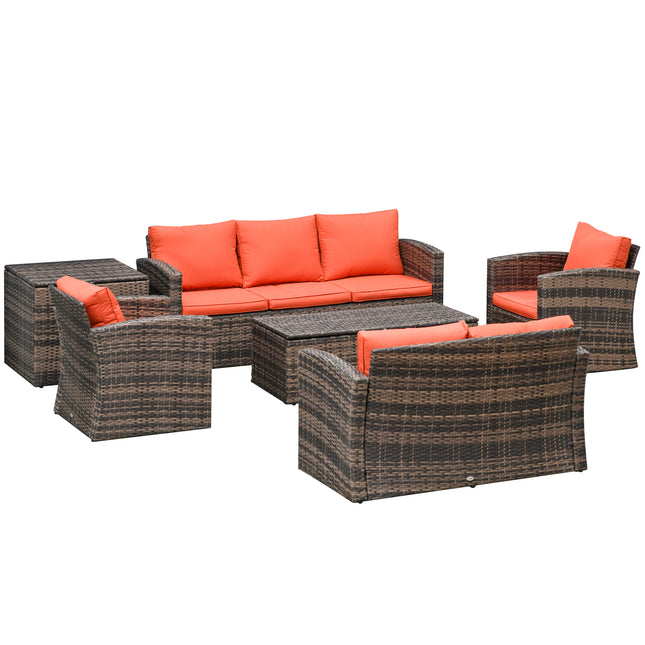 6 Piece Rattan Garden Furniture Set with Storage Tables and Cushions - Orange