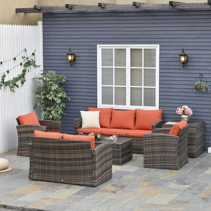 6 Piece Rattan Garden Furniture Set with Storage Tables and Cushions - Orange