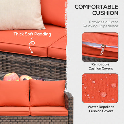 6 Piece Rattan Garden Furniture Set with Storage Tables and Cushions - Orange