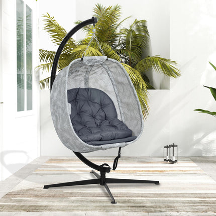 Hanging Egg Chair with Stand and Thick Cushion - Grey