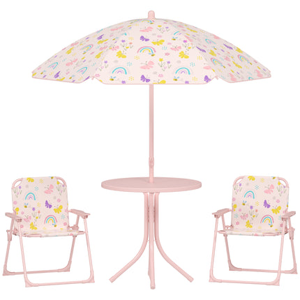 4-Piece Kids Garden Table and Folding Chair Set with Adjustable Parasol, Rainbow Pattern - Pink