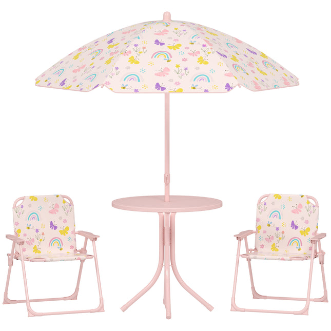 4-Piece Kids Garden Table and Folding Chair Set with Adjustable Parasol, Rainbow Pattern - Pink