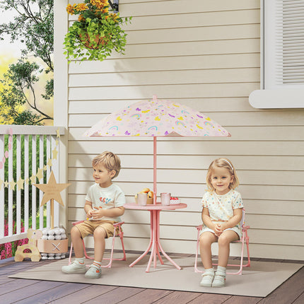 4-Piece Kids Garden Table and Folding Chair Set with Adjustable Parasol, Rainbow Pattern - Pink