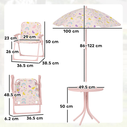 4-Piece Kids Garden Table and Folding Chair Set with Adjustable Parasol, Rainbow Pattern - Pink
