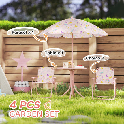 4-Piece Kids Garden Table and Folding Chair Set with Adjustable Parasol, Rainbow Pattern - Pink