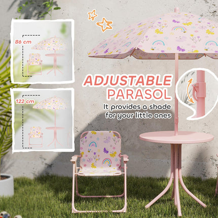 4-Piece Kids Garden Table and Folding Chair Set with Adjustable Parasol, Rainbow Pattern - Pink