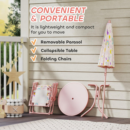 4-Piece Kids Garden Table and Folding Chair Set with Adjustable Parasol, Rainbow Pattern - Pink