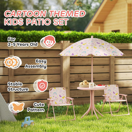 4-Piece Kids Garden Table and Folding Chair Set with Adjustable Parasol, Rainbow Pattern - Pink