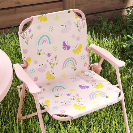 4-Piece Kids Garden Table and Folding Chair Set with Adjustable Parasol, Rainbow Pattern - Pink