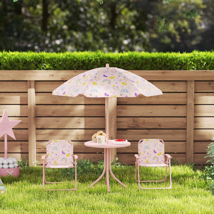 4-Piece Kids Garden Table and Folding Chair Set with Adjustable Parasol, Rainbow Pattern - Pink