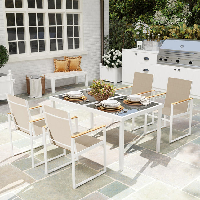 5 Piece Garden Furniture Set with Tempered Glass Table Top - Black