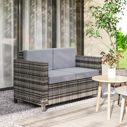 2 Seater Rattan Garden Sofa with Water-Resistant Cushions - Mixed Grey