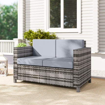 2 Seater Rattan Garden Sofa with Water-Resistant Cushions - Mixed Grey